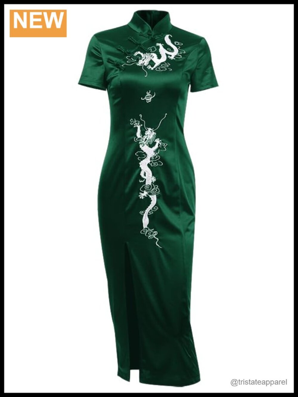 Gothic Satin Cheongsam Maxi Dress Dragon Embroidery Mandarin Collar